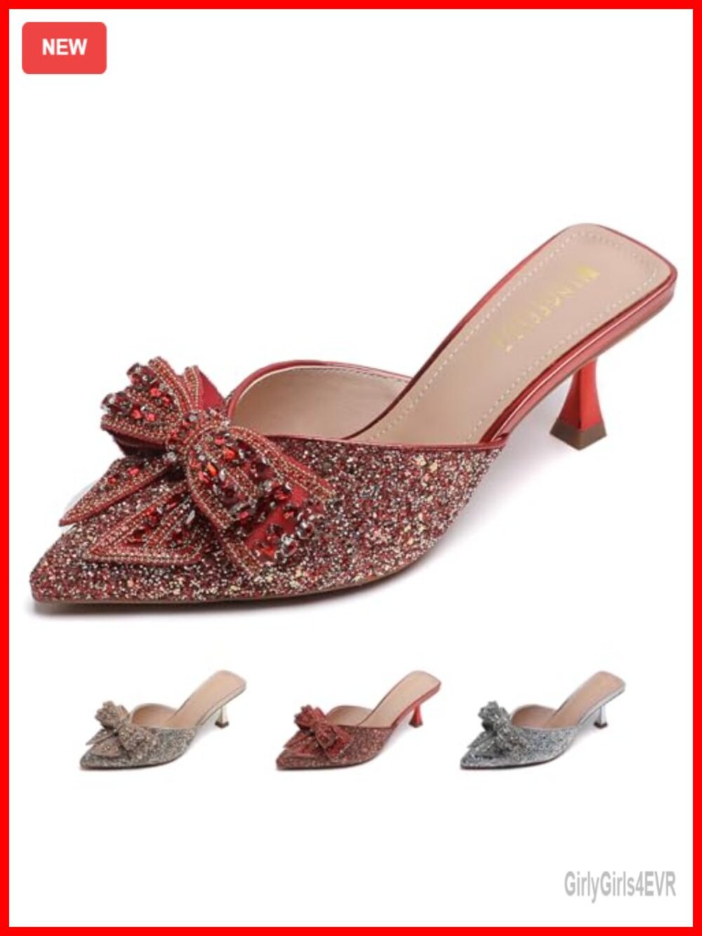 Rhinestone Bow Glitter Kitten Heel Mules Pointed Toe Slip On Heeled Sandals for